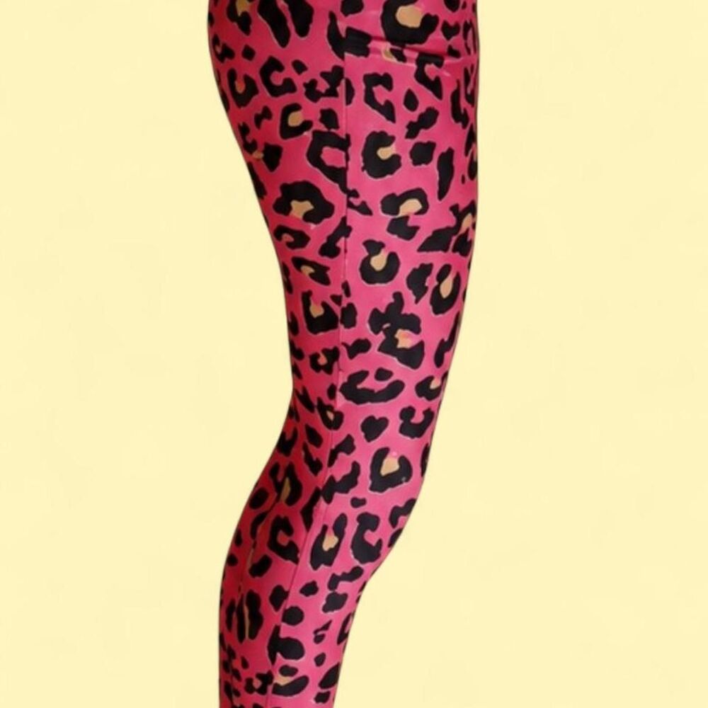 VASTITCH Neon Pink Leopard Print Leggings High Waist Athletic Yoga Pants Size L - Picture 4 of 6